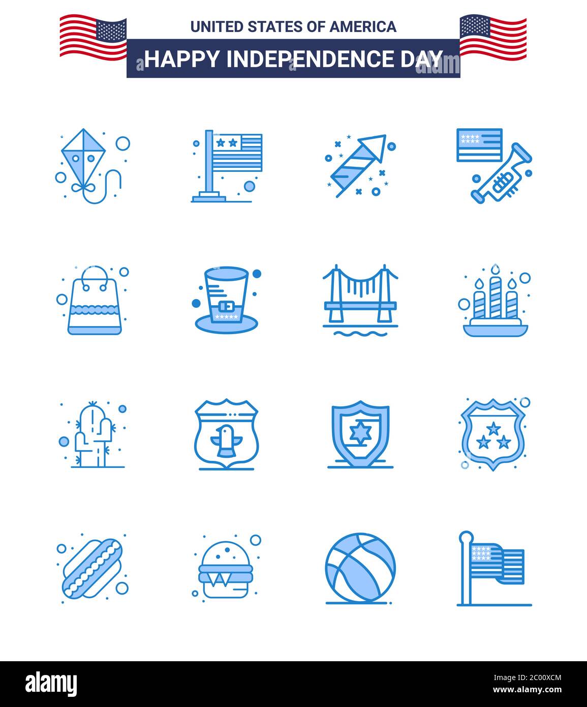 Editable Vector Line Pack of USA Day 16 Simple Blues of packages; bag; festivity; american; speaker Editable USA Day Vector Design Elements Stock Vector