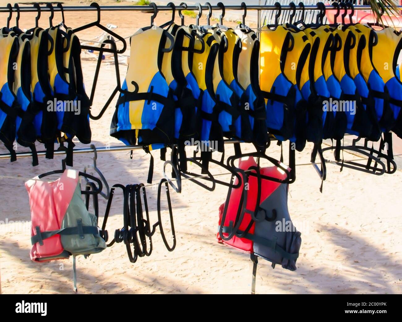 Life jackets on a rack Stock Photo