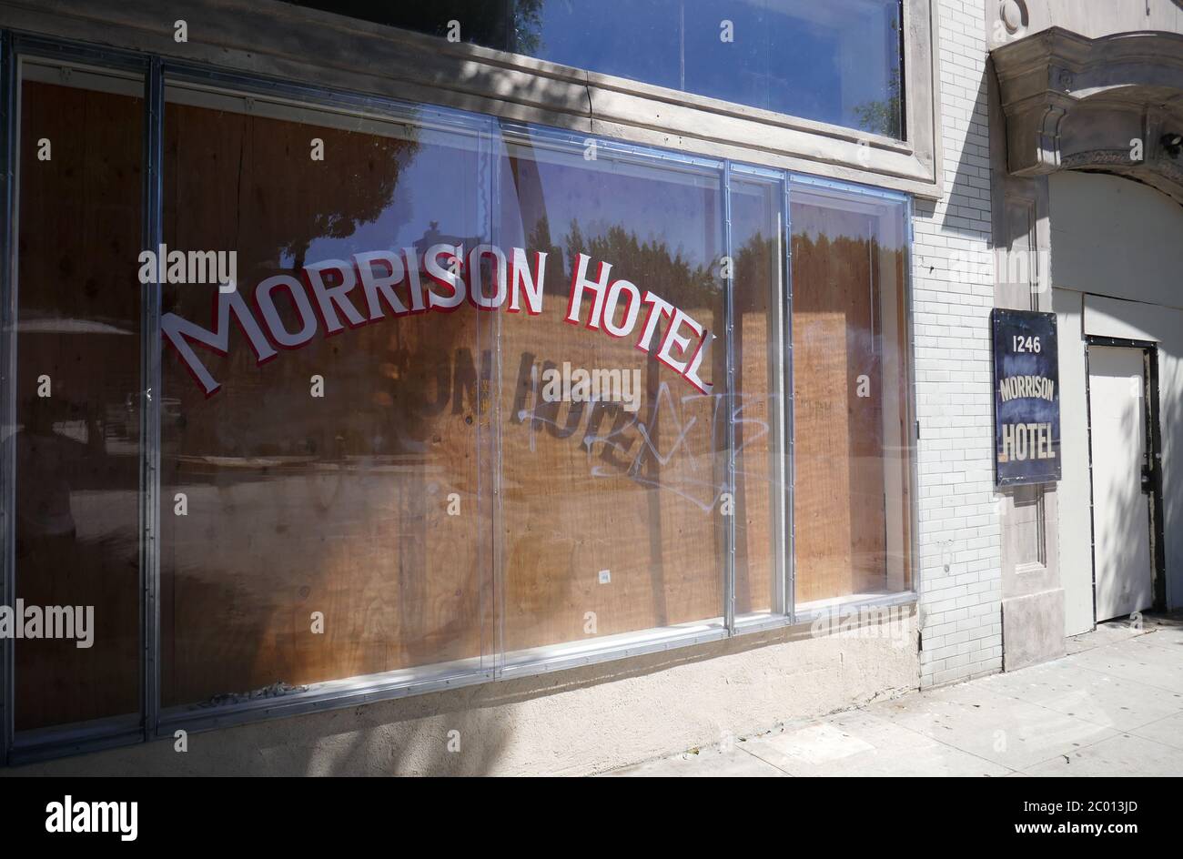 Los Angeles, California, USA 10th June 2020 A general view of The Morrison Hotel where Jim Morrison and the Doors did a photoshoot for their album cover at The Morrison Hotel at 1246 South Hope Street on June 10, 2020 in Hollywood, California, USA. Photo by Barry King/Alamy Stock Photo Stock Photo