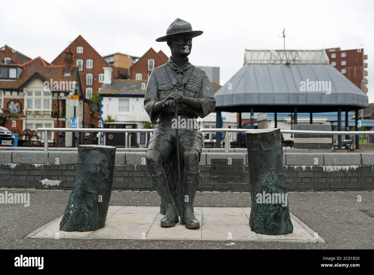 A statue of Robert Baden-Powell on Poole Quay in Dorset ahead of its expected removal to 'safe storage' following concerns about his actions while in the military and 'Nazi sympathies'. The action follows a raft of Black Lives Matter protests across the UK, sparked by the death of George Floyd, who was killed on May 25 while in police custody in the US city of Minneapolis. Stock Photo