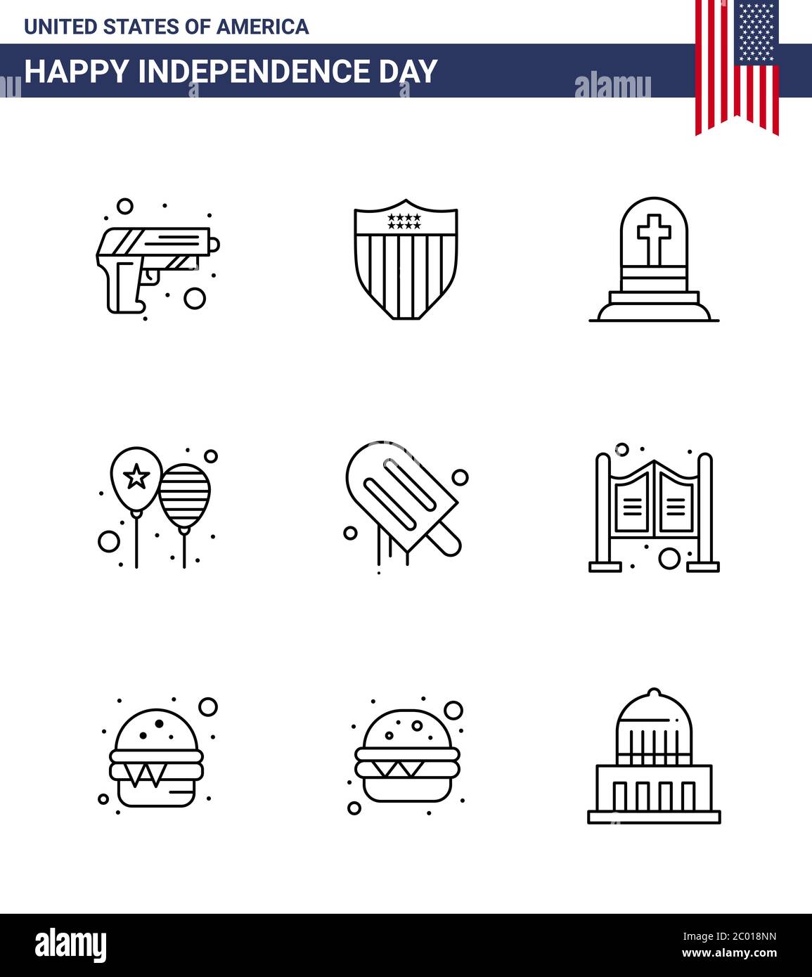 Happy Independence Day Pack of 9 Lines Signs and Symbols for icecream; party; death; day; balloons Editable USA Day Vector Design Elements Stock Vector