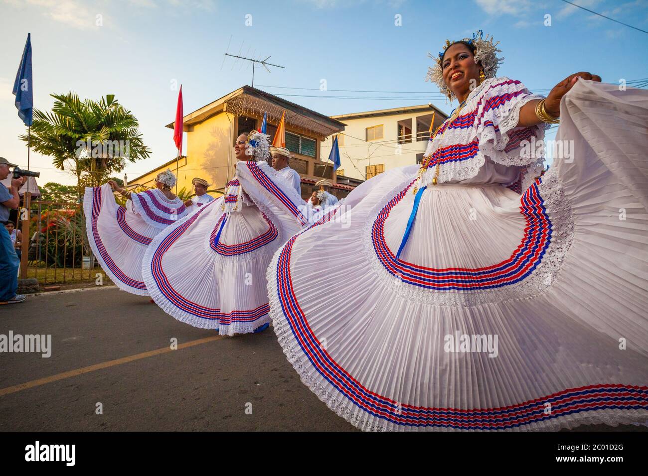Women dressed in polleras on the annual event 'El desfile de las mil polleras' in Las Tablas, Los Santos province, Republic of Panama. Stock Photo