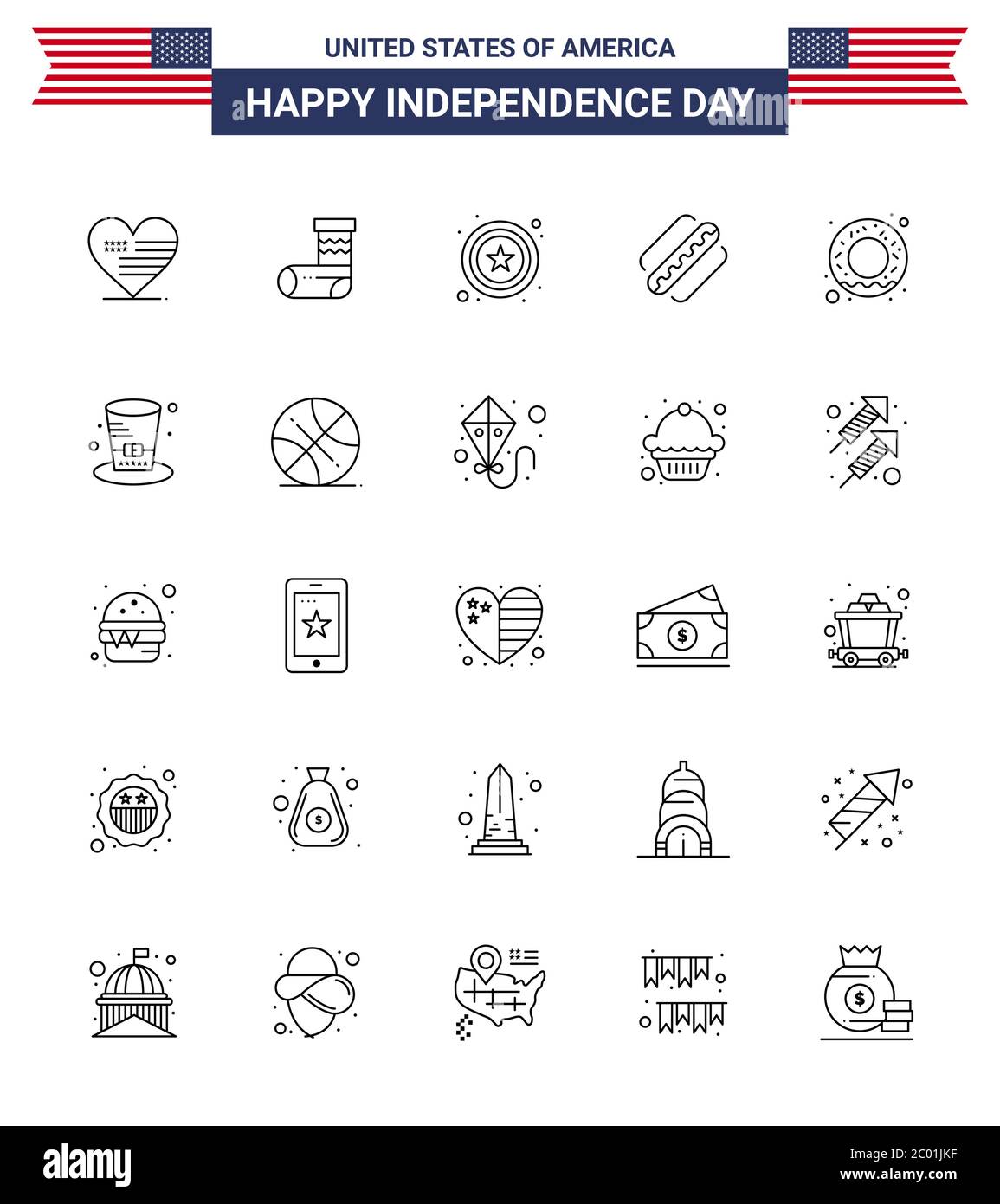 Set of 25 Vector Lines on 4th July USA Independence Day such as nutrition; donut; police; states; american Editable USA Day Vector Design Elements Stock Vector