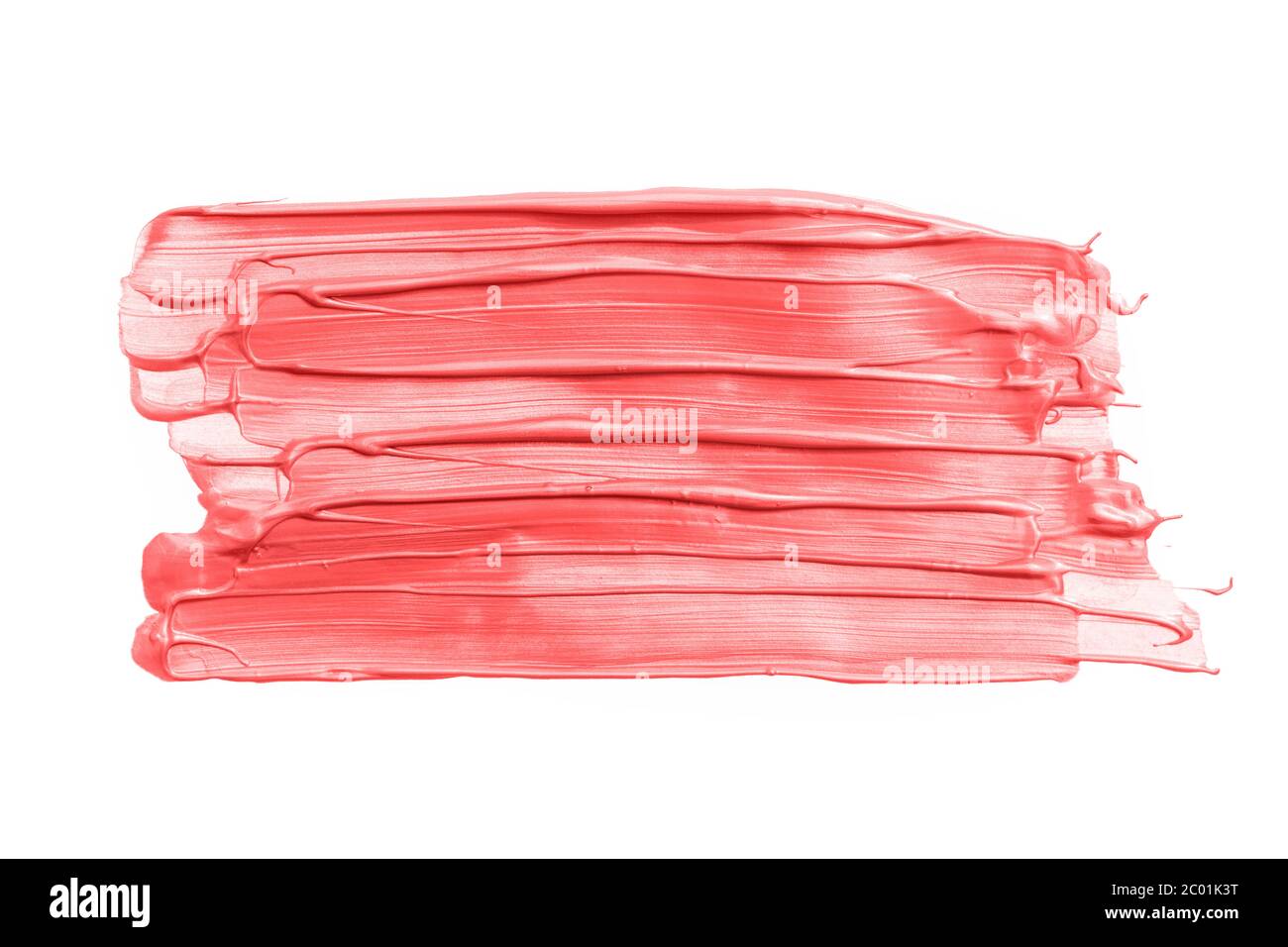 Big Rectangular pink or coral brush strokes or smears isolated on white background. Top view. Mock up with copy space. Pink metallic make-up smear swa Stock Photo