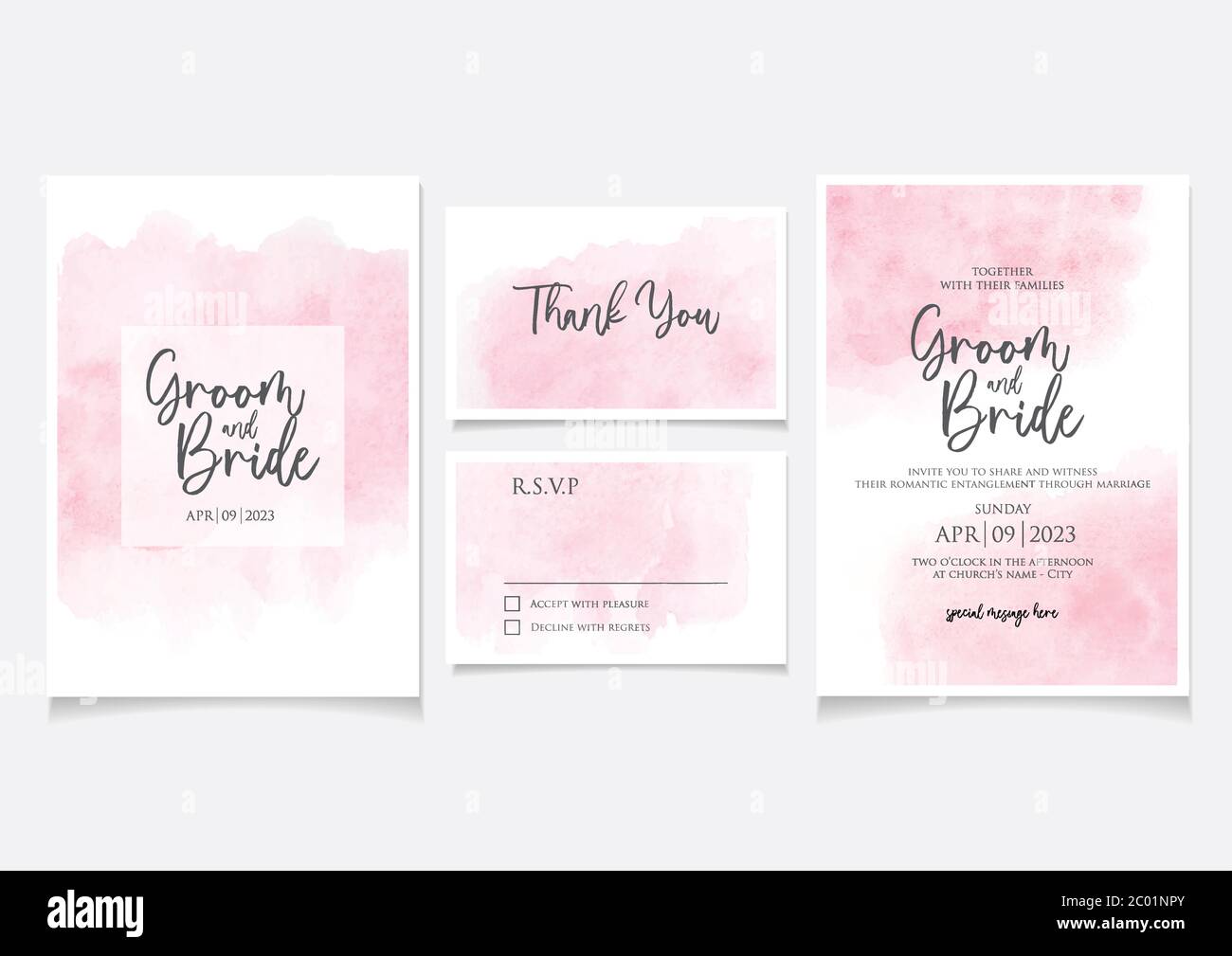 Pink color wedding invitation card template with watercolor style Stock Vector