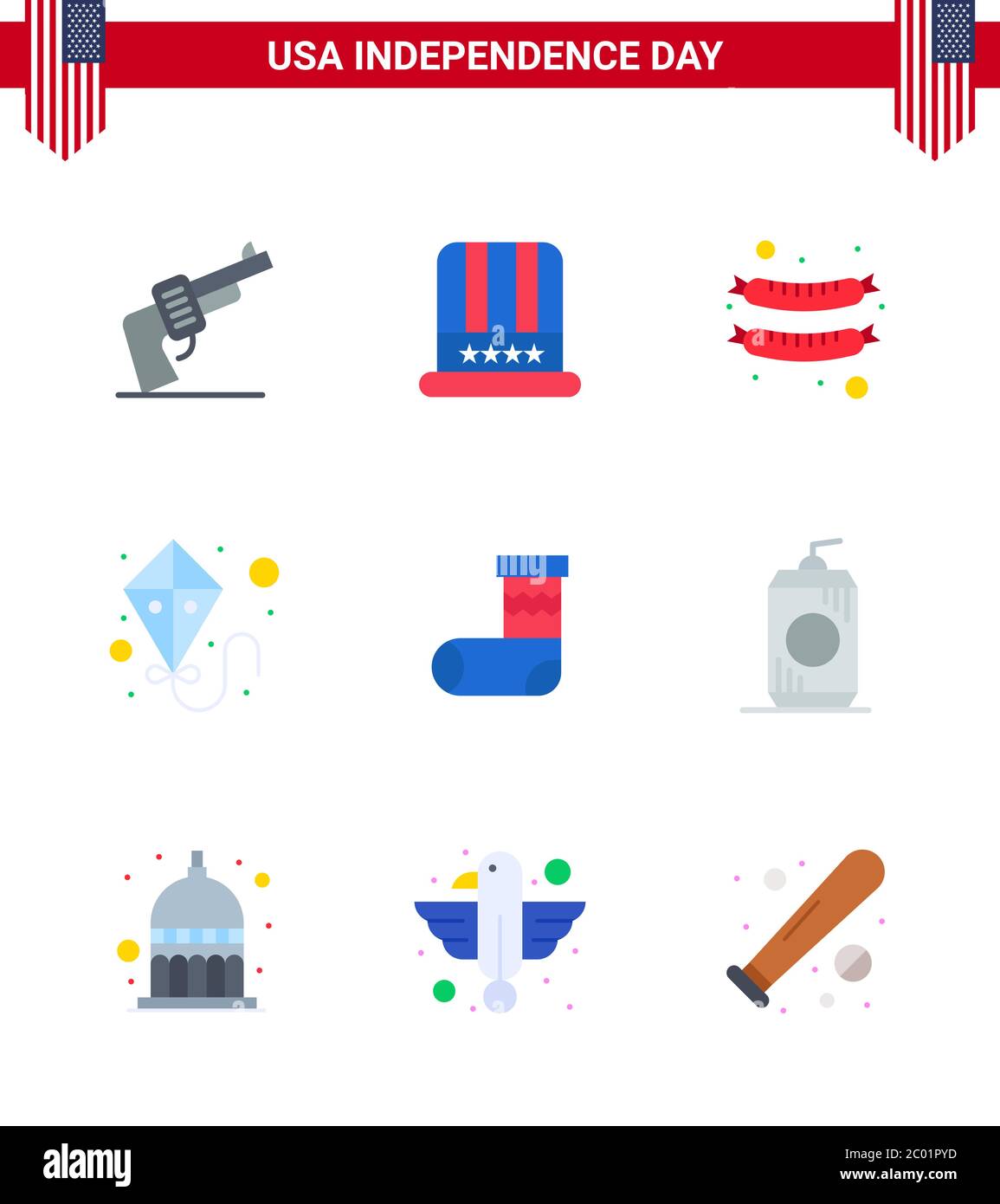 4th July USA Happy Independence Day Icon Symbols Group of 9 Modern Flats of gift; christmas; food; celebration; summer Editable USA Day Vector Design Stock Vector