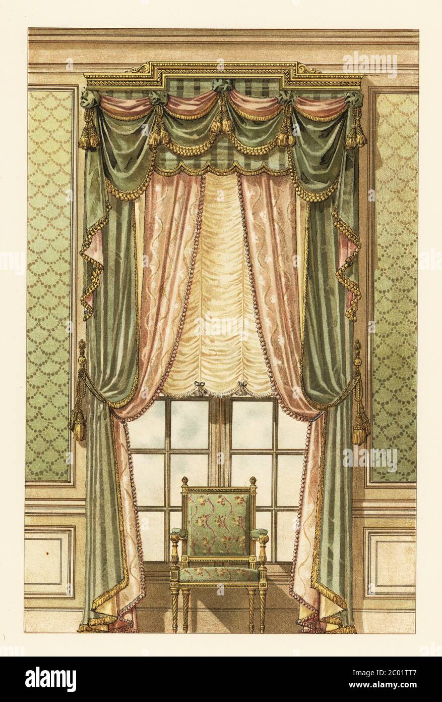 King Louis XVI-style wall hanging, circa 1900. Gilt wood pelmet, gourgouran  lambrequin and curtains, plush drapes, chair and window. Planche 18.  Croisee Loius XVi. Galerie bois dore, lambrequin gourgouran, rideaux meme  tissu,