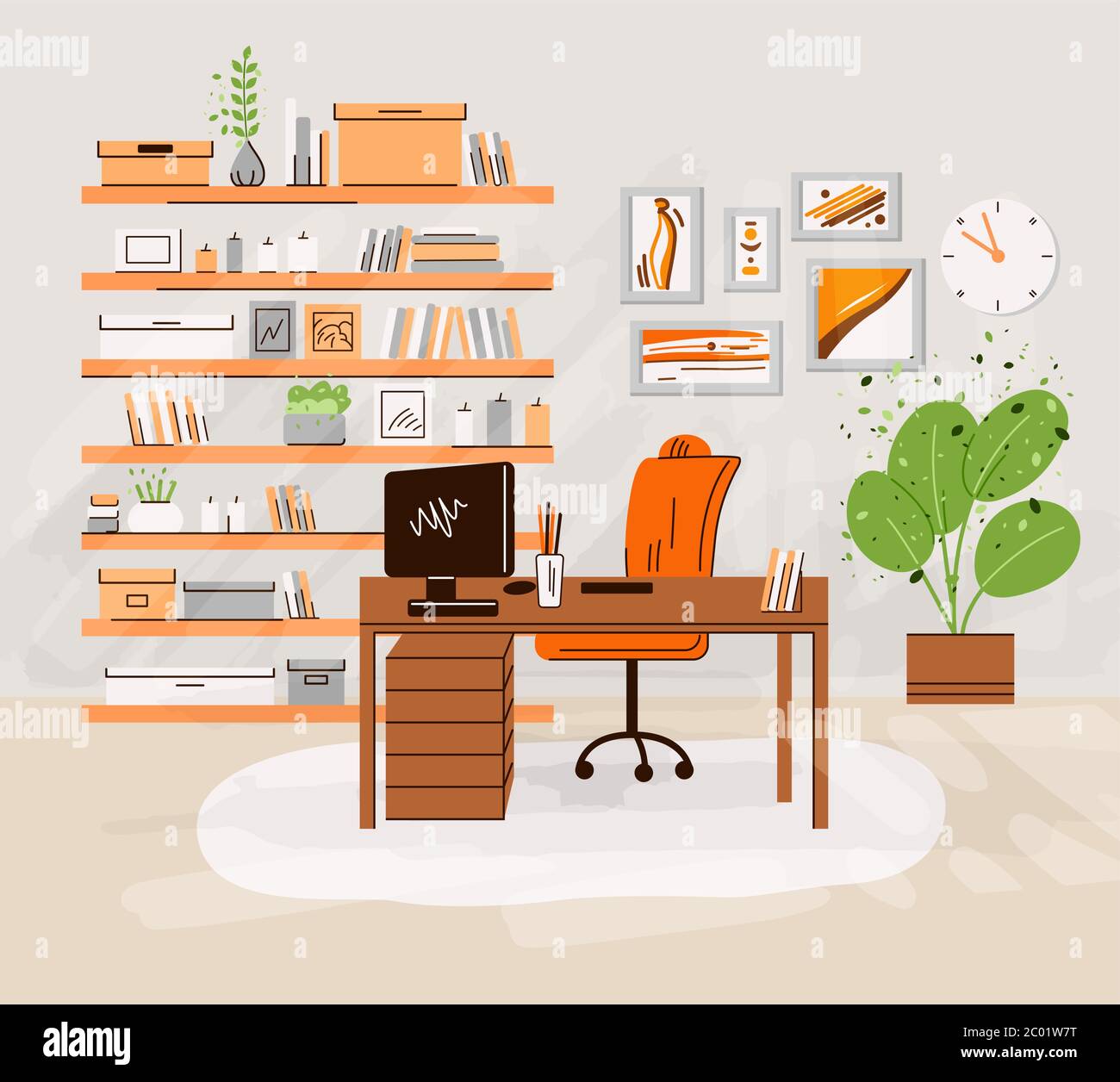 Vector flat illustration of home office work place interrior - working desk with monitor, computer, shelfs with books and accessories, plants. Cozy Stock Vector