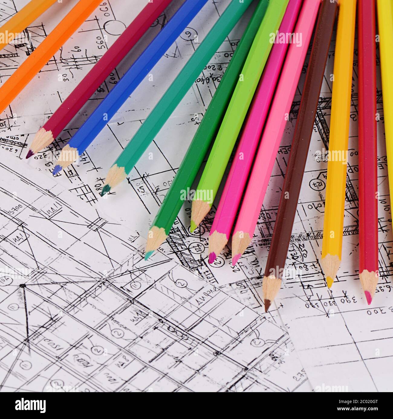 Projects of houses with color pencil Stock Photo
