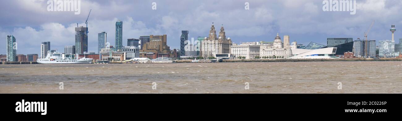 Liverpool's UNESCO listed waterfront including modern office buildings, Liverpool's Anglican Cathedral, the Three Graces and the new Museum of Liverpo Stock Photo