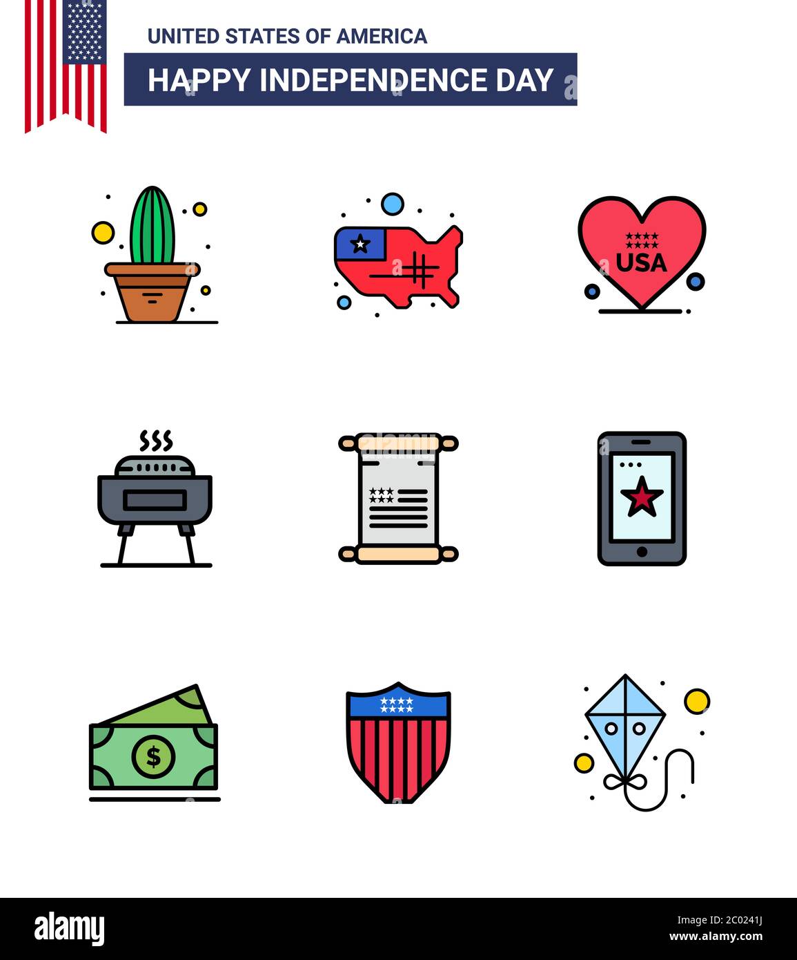 Flat Filled Line Pack of 9 USA Independence Day Symbols of text; holiday; heart; festivity; barbeque Editable USA Day Vector Design Elements Stock Vector