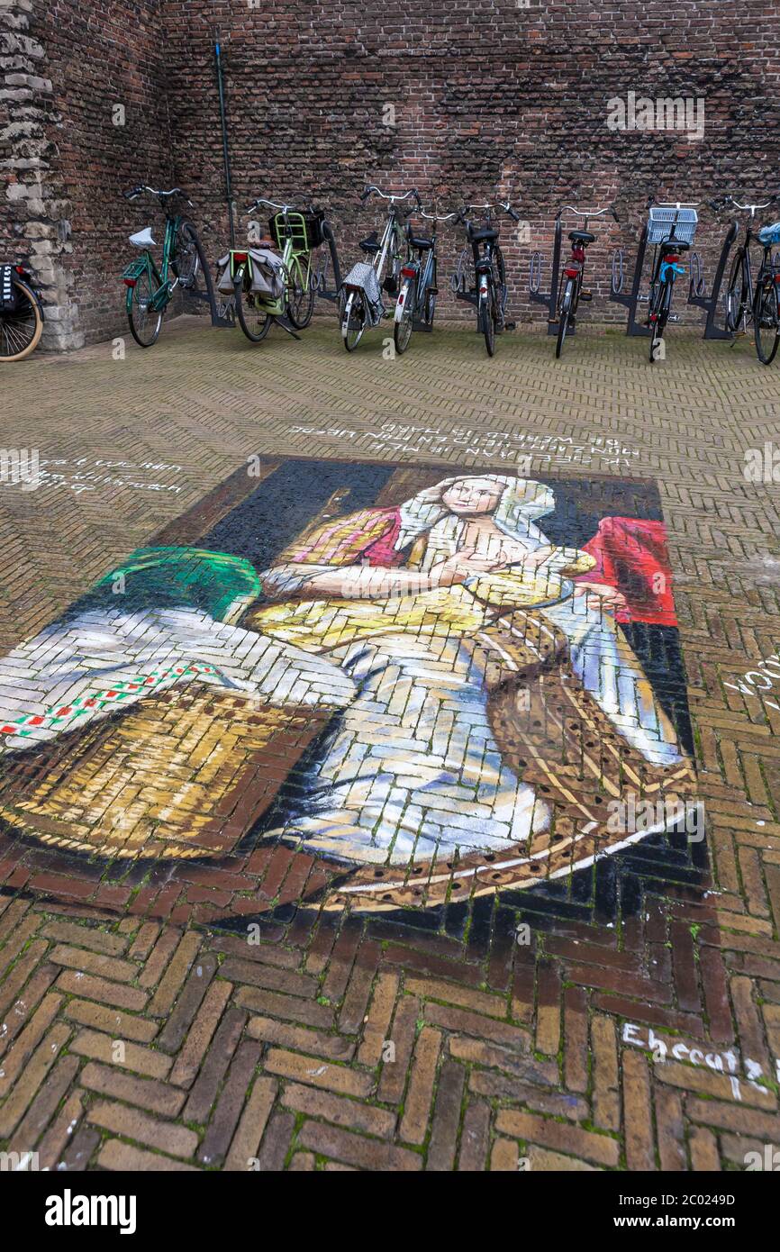 Pavement art by Aldo Ortíz Reyes ('Ehecatzin'), Kerkstraat, Delft, South Holland, Netherlands: part of the Madonnari Festival 2019 Stock Photo