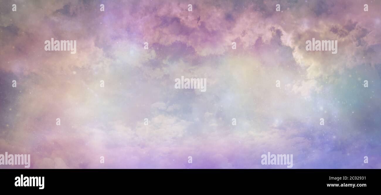 Heavens above celestial concept background banner - beautiful blue pink purple green lilac light filled heavenly ethereal cloudscape depicting heaven Stock Photo
