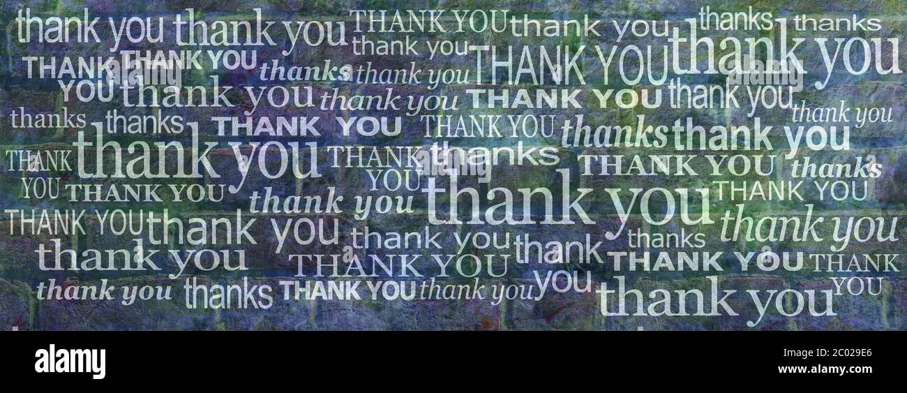We really can't thank you enough banner -  grunge blue green rustic brick wall with many different size and fonts saying thank you and thanks Stock Photo