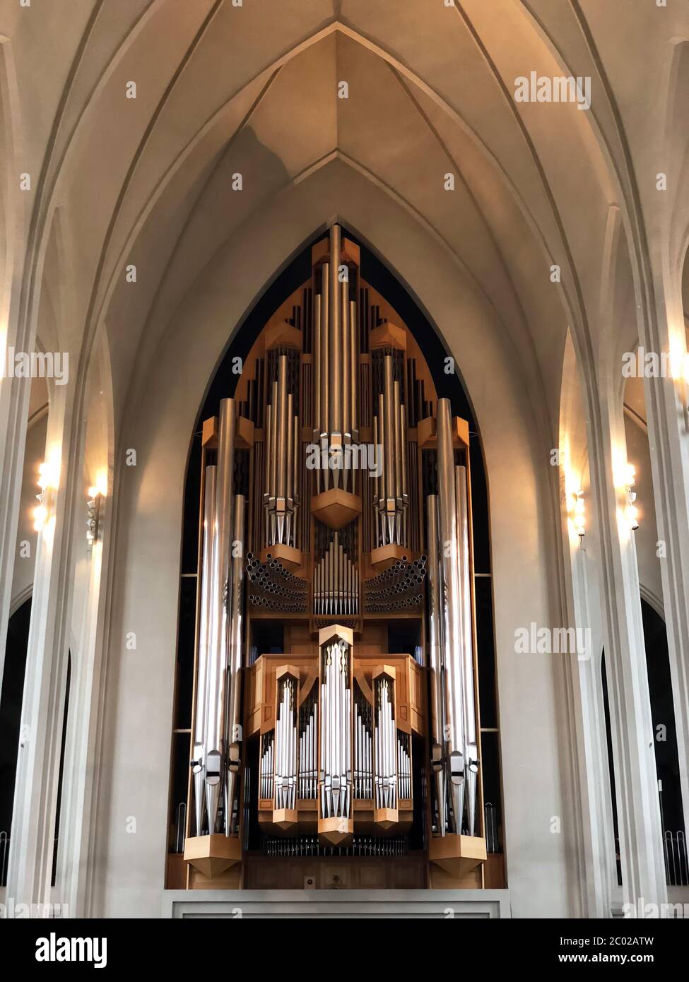 REYKJAVIK, ICELAND - July 2, 2018: Pipes of the organ in Hallgrimskirkja Church Stock Photo
