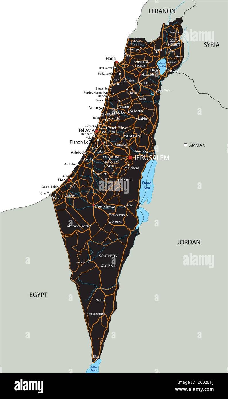 High detailed Israel road map with labeling. Stock Vector
