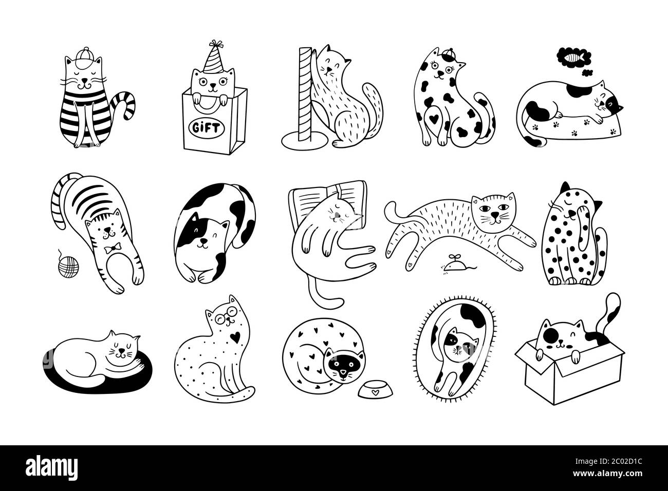 Cute cats collection consists of 15 hand-drawn kittens isolated on a white background. Doodle vector illustration with black and white pets. Stock Vector