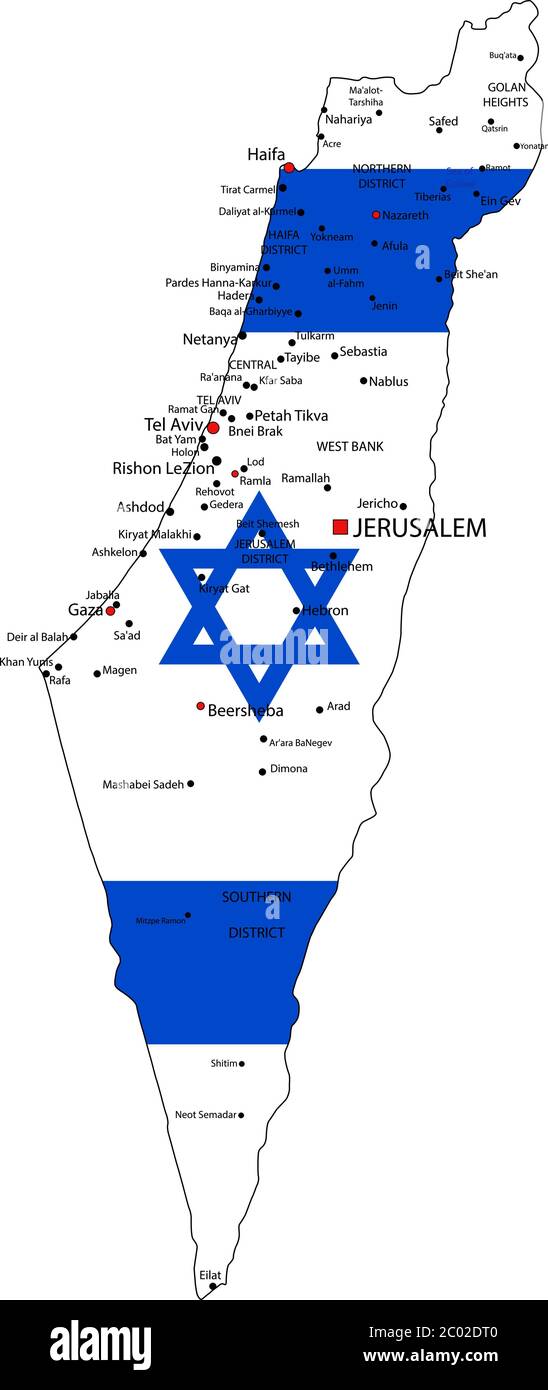 Israel highly detailed political map with national flag. Stock Vector