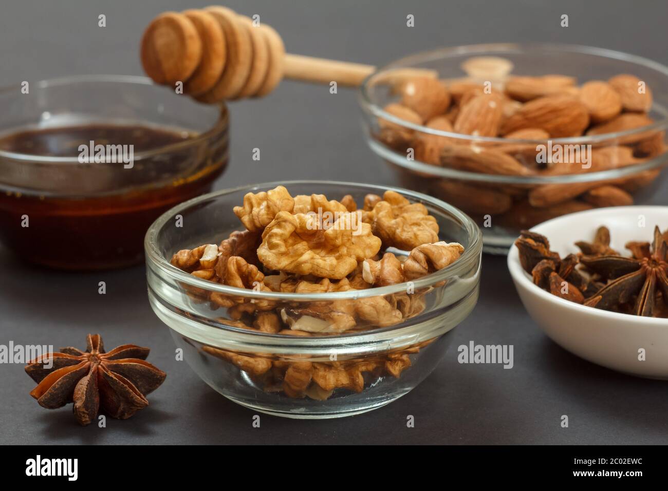 Health remedy foods for cold and flu relief with nuts, honey and a star
