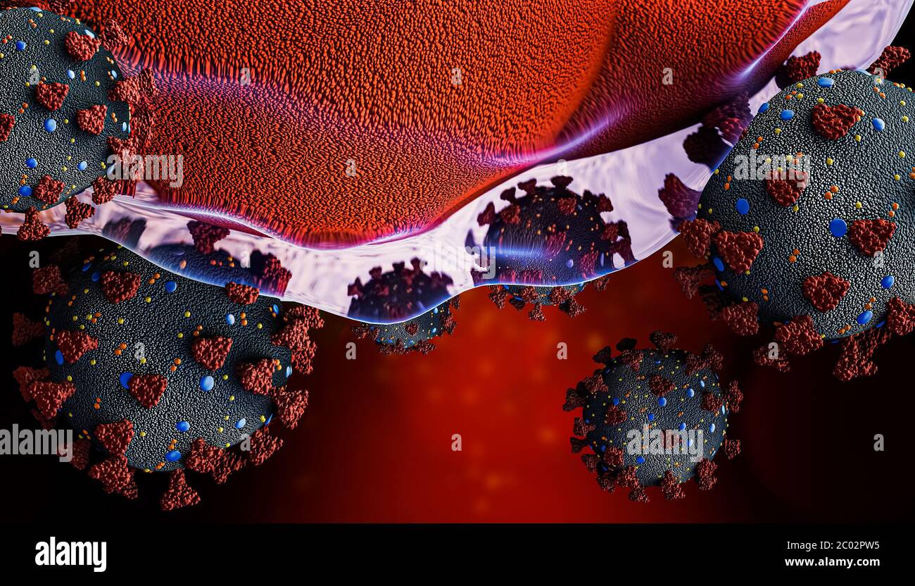 Coronavirus or covid 19 virus cells close-up invading or infecting or attacking cellular tissue 3D rendering illustration. Microbiology, medicine, bio Stock Photo