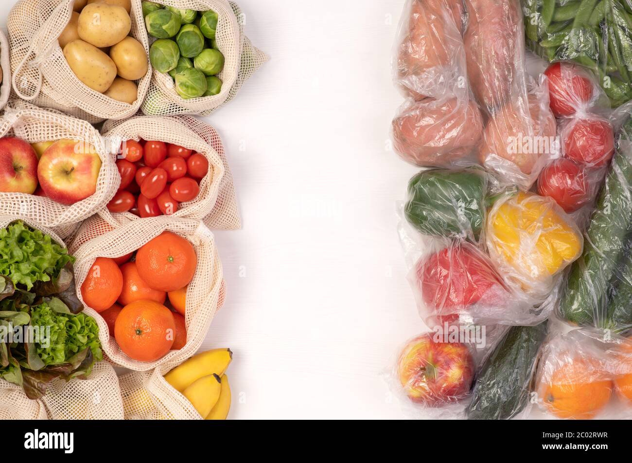 Zero waste vs plastic packaging. Fruits and vegetables in eco friendly