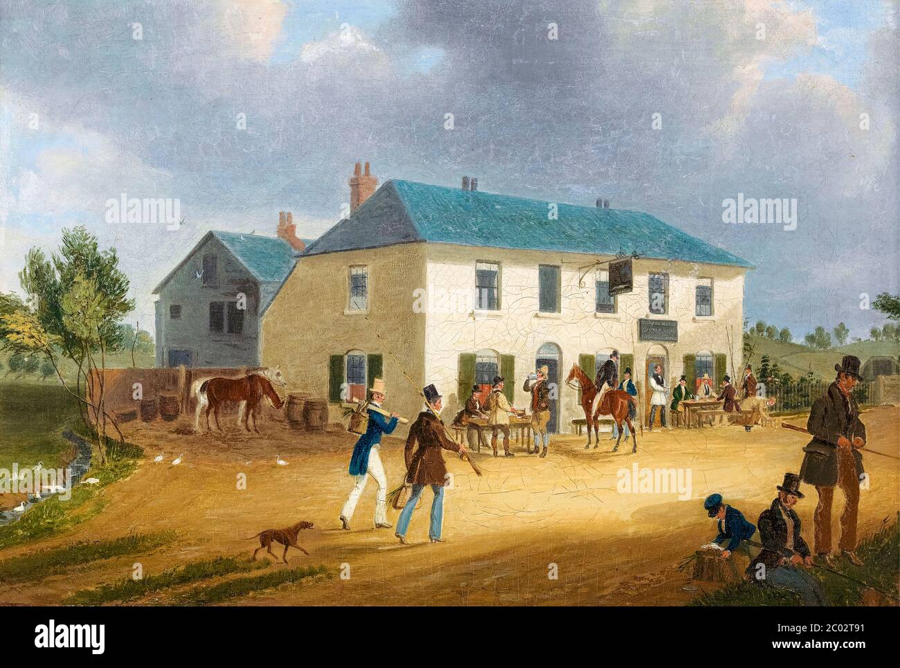 Outside the Pike and Anchor Inn at Ponders End, Middlesex, landscape painting by James Pollard, 1834 Stock Photo