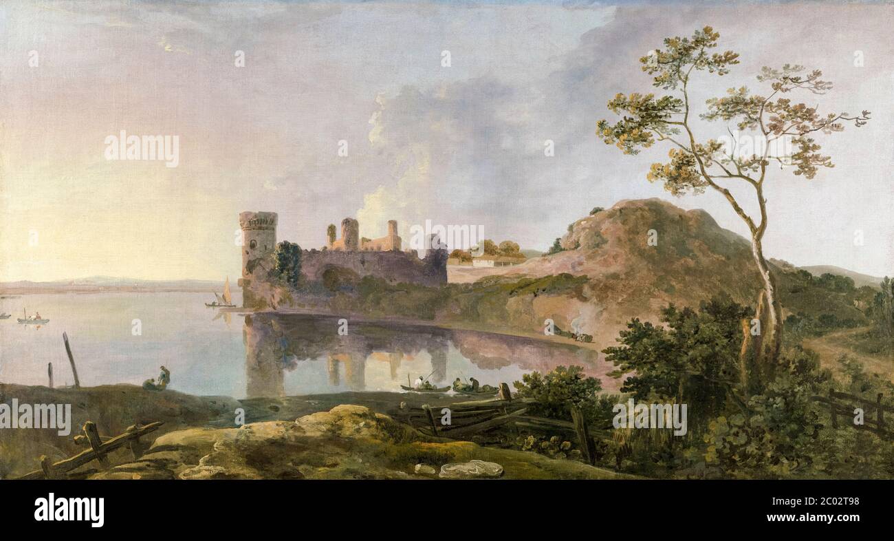 A Summer Evening with an Imaginary View of Caernarvon Castle, landscape painting by Richard Wilson, 1764-1765 Stock Photo