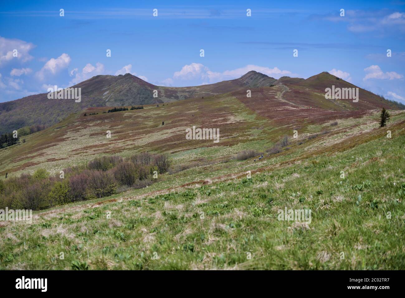 Outstanding 8k panoramic view of Carpathian mountains in spring. Polonina Wetlinska, Bieszczady, Poland. Stock Photo