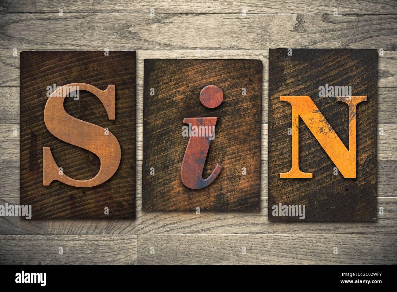 Sin Concept Wooden Letterpress Type Stock Photo