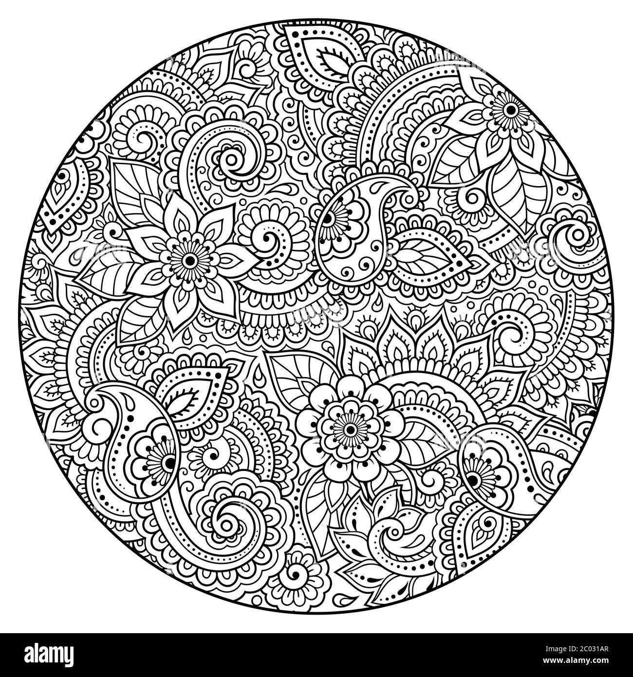 Outline round floral pattern for coloring book page. Antistress for ...
