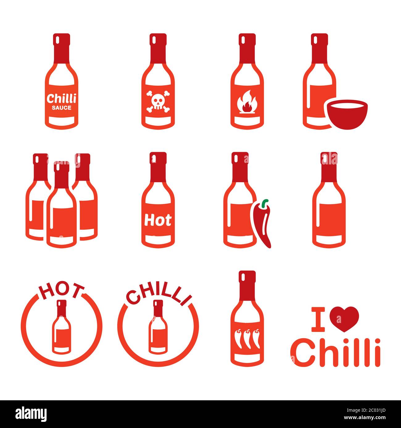 Hot chilli sauce bottle icons set, spicy sauce, Mexican food design Stock Vector