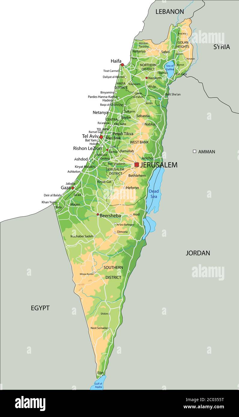 High detailed Israel physical map with labeling. Stock Vector