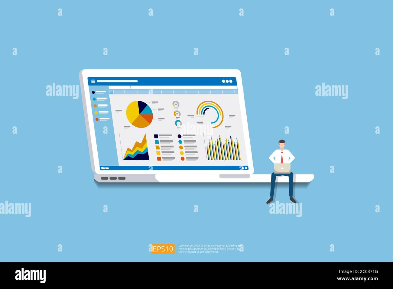 businessman analysis web statistics charts on Computer screen. Flat vector infographic analytic trend graphs information concept for planning Stock Vector