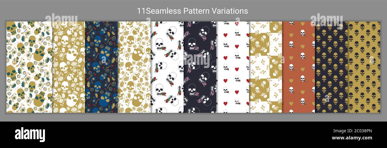 Set of 11 Colorful and monochrome seamless pattern with stylized skulls. Stock vector Stock Vector