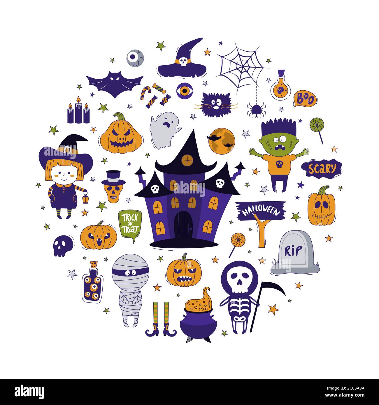 Halloween round objects collection. Hand-drawn vector concept with pumpkins, tombstone, skull, mummy, witch, ghost house, monster, etc. It can be used Stock Vector