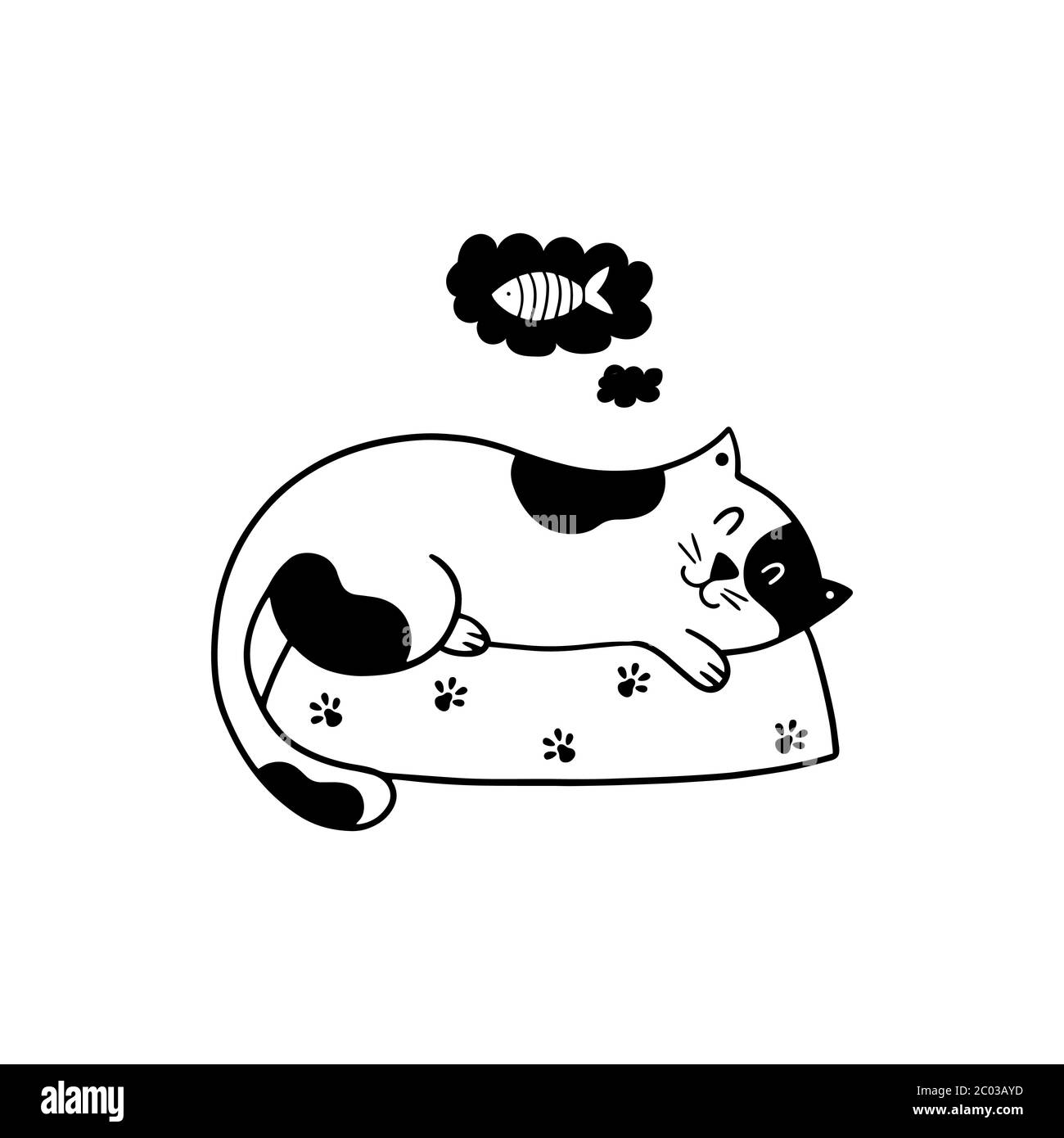 Good night poster with a doodle kitten. Cute cat sleeping on his bed