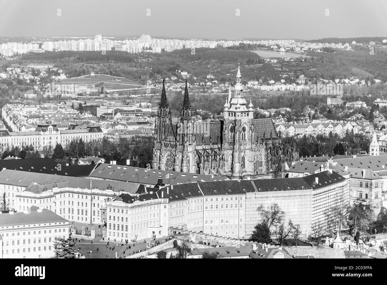 Aerial view of Prague Castle, Czech: Prazsky hrad, with Saint Vitus Cathedral. Panoramic view from Petrin lookout tower. Prague, Czech Republic. Black and white image. Stock Photo