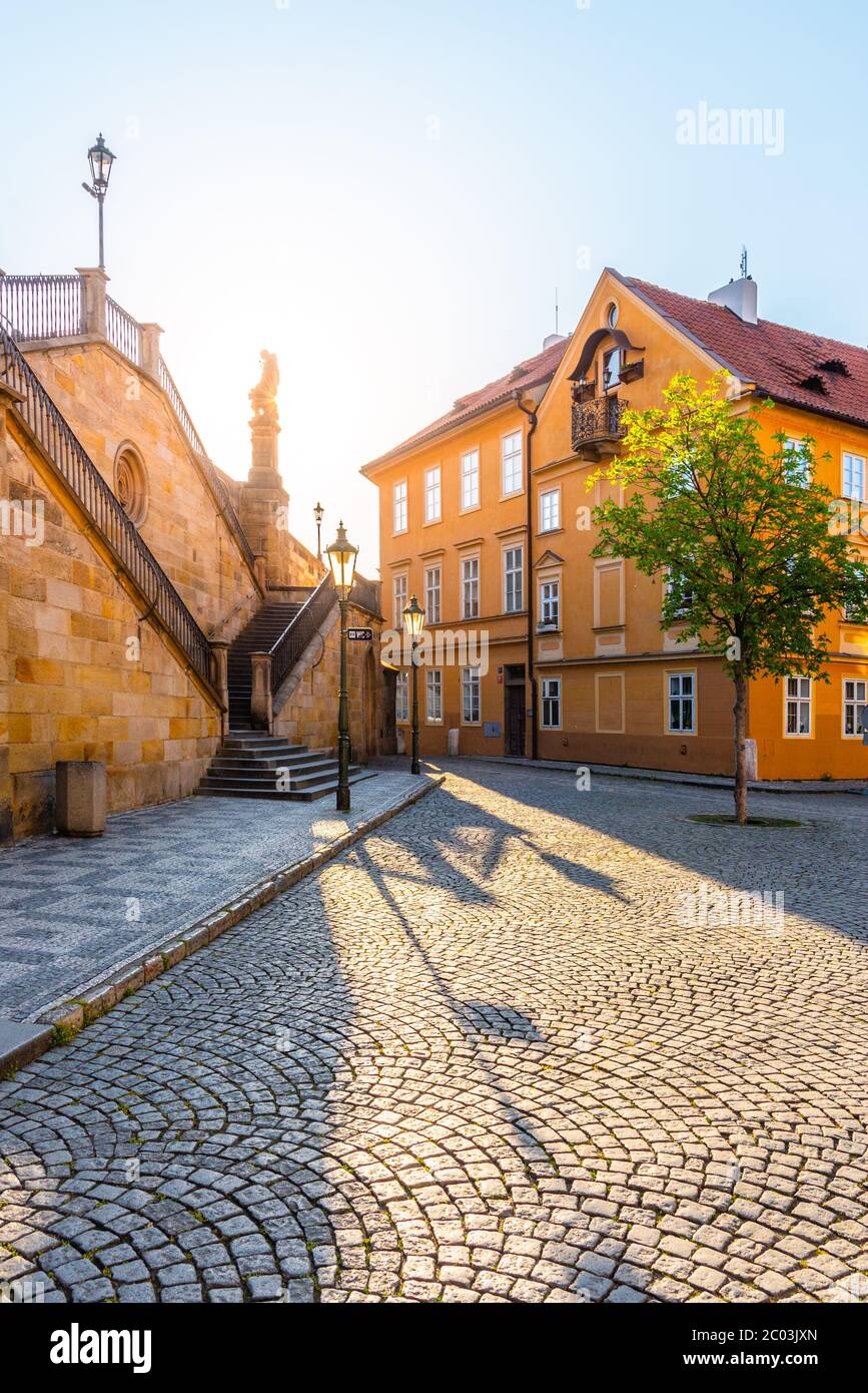 Na Kampe - small square under Charles Bridge on sunny day. Kampa Island, Prague, Czech Republic. Stock Photo