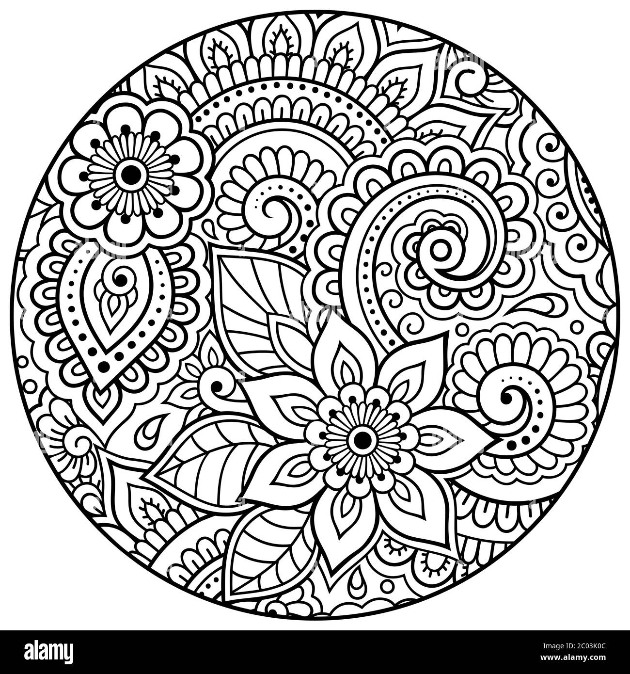 Outline round floral pattern for coloring book page. Antistress for ...