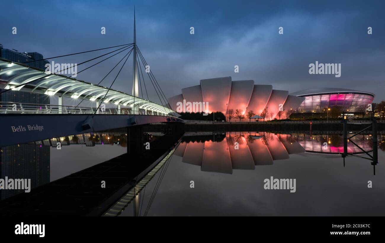 The Scottish Exhibition Centre (SEC) in Glasgow reflected in the river Clyde Stock Photo