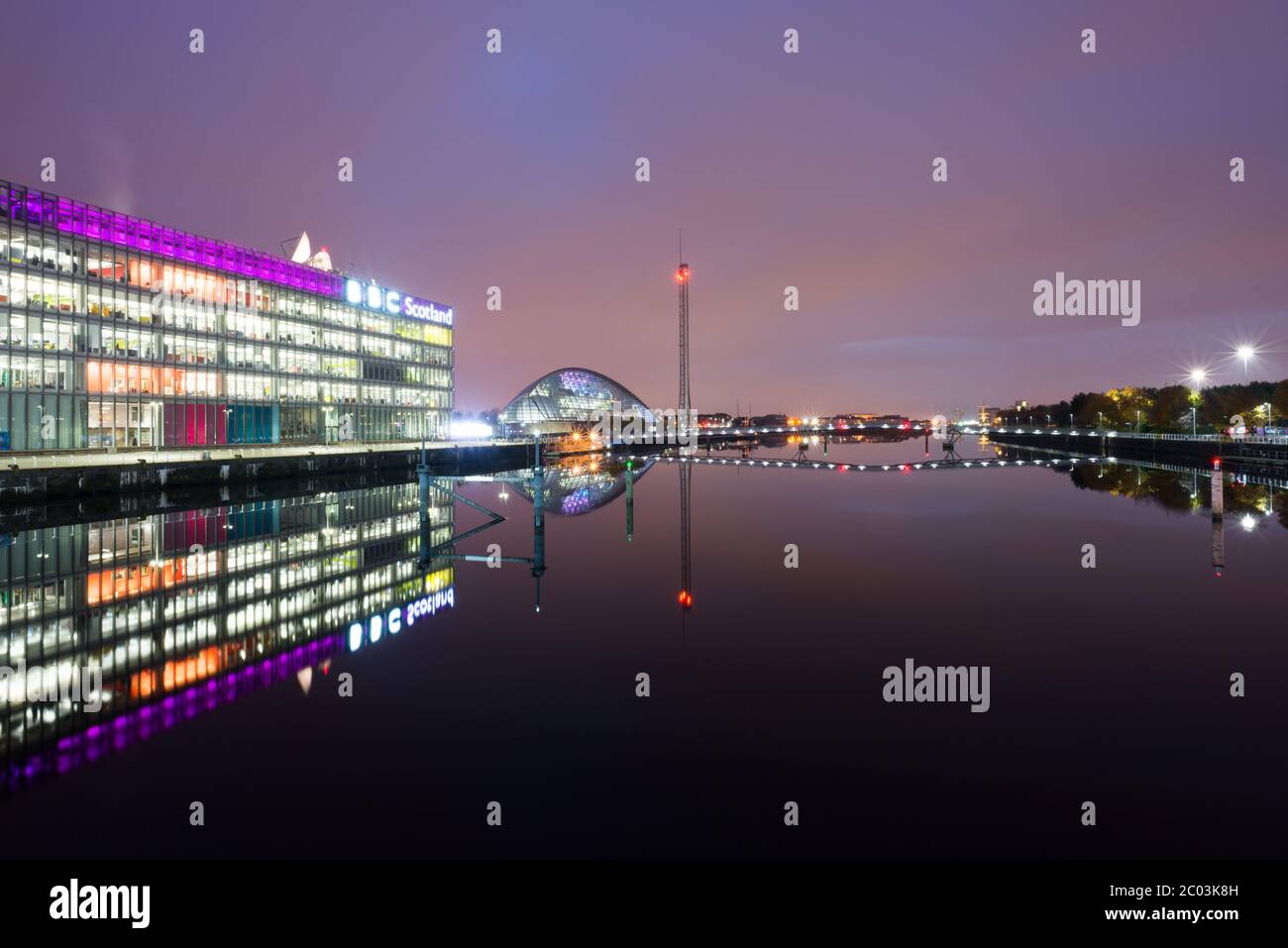 The BBC Scotland building in Glasgow reflected in the river Clyde Stock Photo