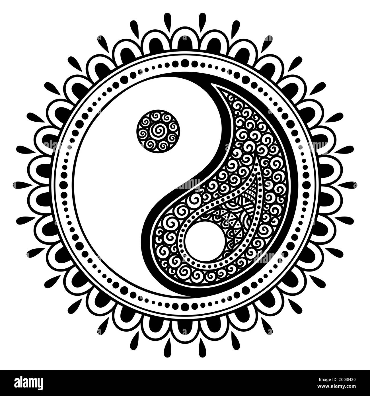 Circular pattern in form of mandala for Henna, Mehndi, tattoo, decoration. Decorative ornament in oriental style with Yin-yang hand drawn symbol. Colo Stock Vector