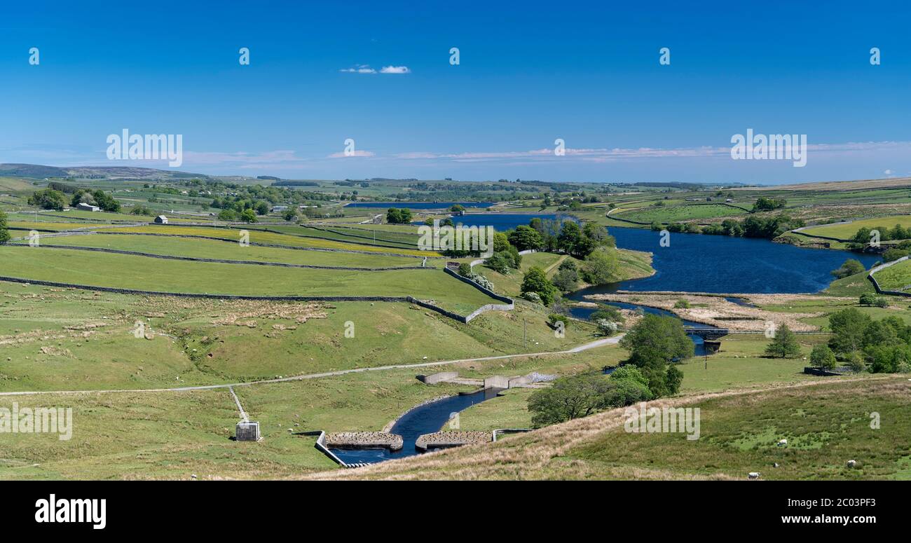 Looking down Baldersdale from Balderhead towards the Blackton and Hury Reservoirs in early summer. Co. Durham, UK. Stock Photo