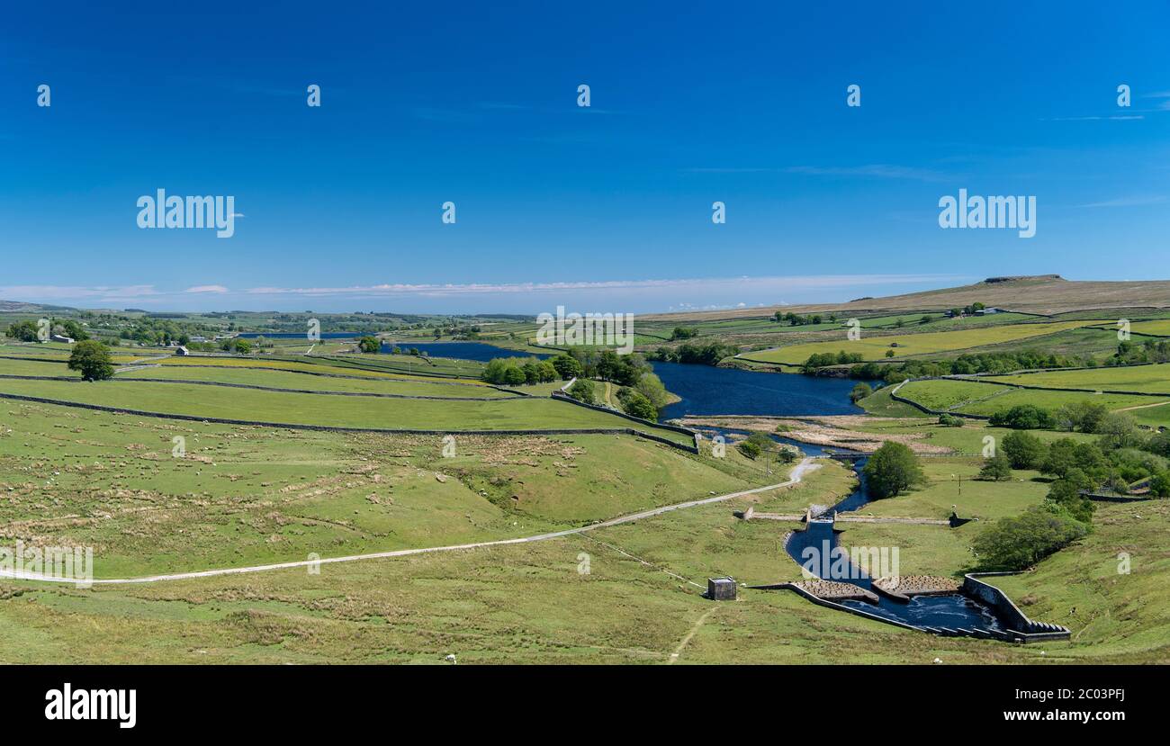 Looking down Baldersdale from Balderhead towards the Blackton and Hury Reservoirs in early summer. Co. Durham, UK. Stock Photo