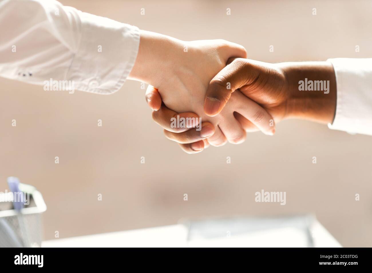 Handshake between african and a caucasian business man. Stock Photo