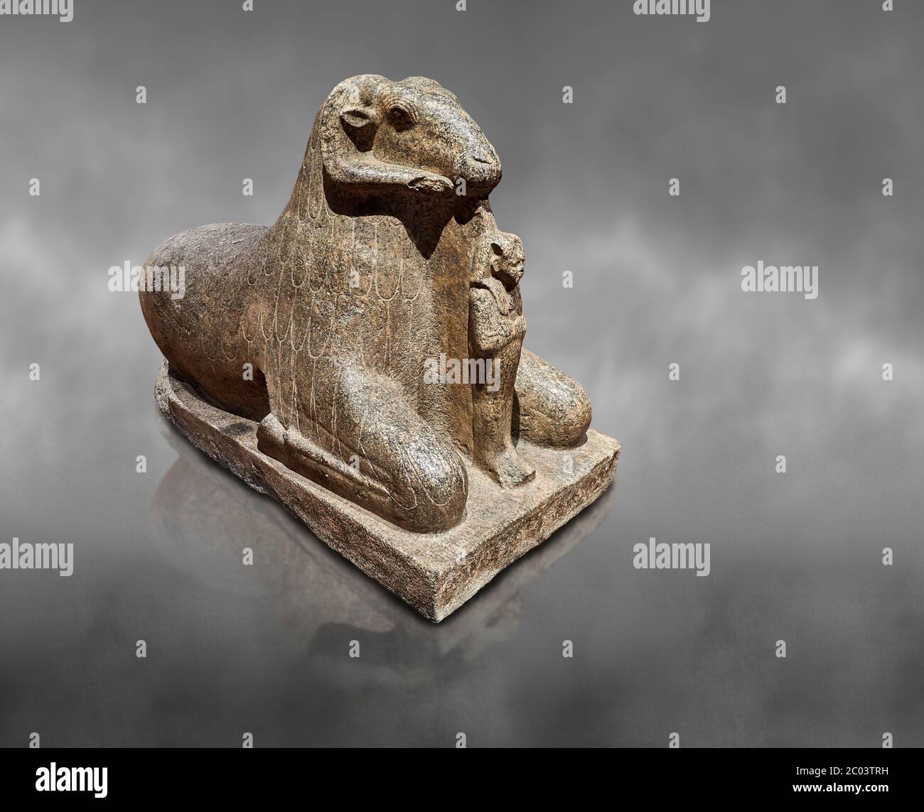 Ancient Egyptian statue of a Ram proytecting King Amenhotep III, granite, New Kingdom, early 18th Dynasty (1390-1353), Karnak, Temple of Mut. Egyptian Stock Photo