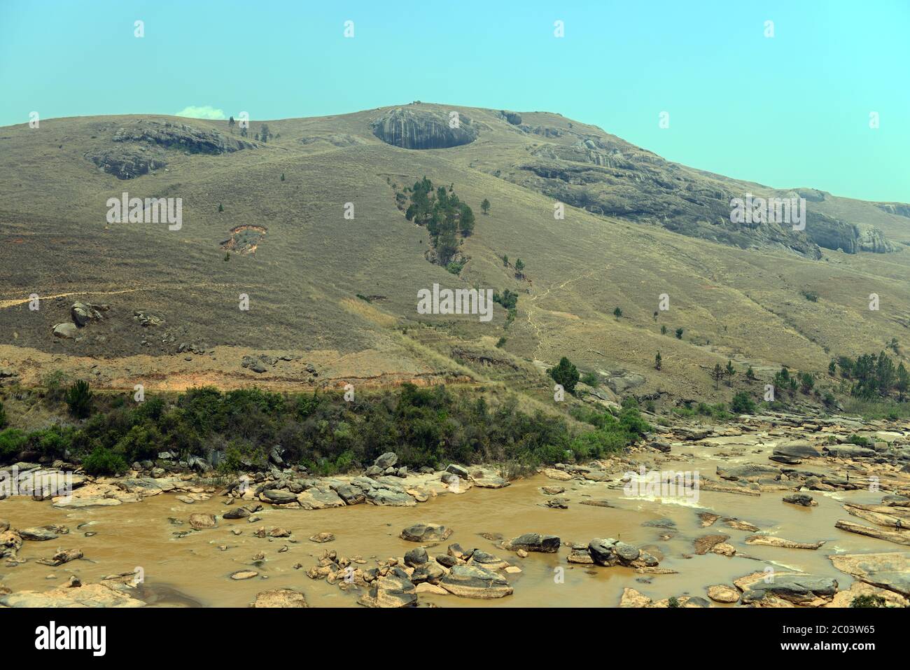 The Mania River, in Madagascar, flows from the central mountains into the Mozambique Channel. This stretch shown here is near Fatita. Stock Photo