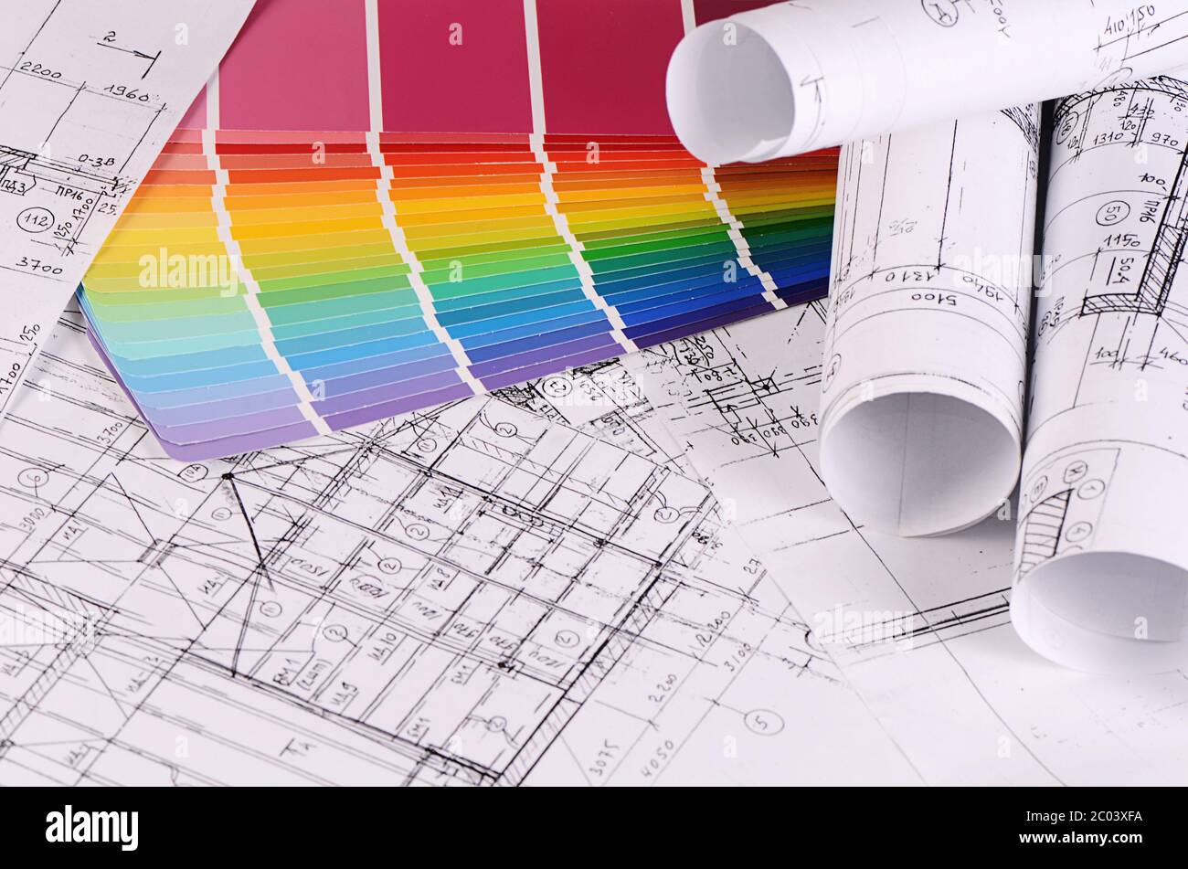 Projects of houses with color palette Stock Photo - Alamy