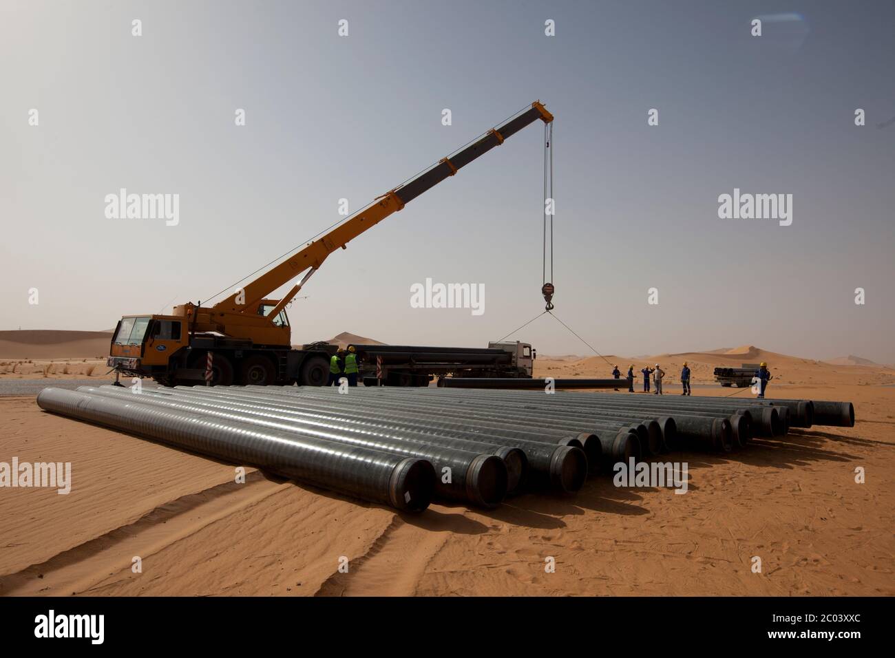 An oil company preparing to lay a pipeline in the Sahara desert to