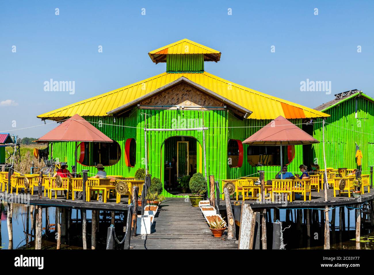 A Colourful Cafe/Restaurant, Minethauk Bridge, Lake Inle, Shan State, Myanmar. Stock Photo